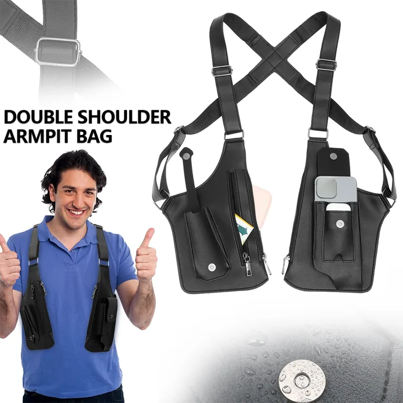 Fishing Bag Waterproof - กระเป๋าใต้วงแขนกันขโมย หนัง PU สายสะพายคู่ หลายช่องใส่ของ กระเป๋าตกปลาแบบยุทธวิธีกันขโมยสำหรับกิจกรรมกลางแจ้ง