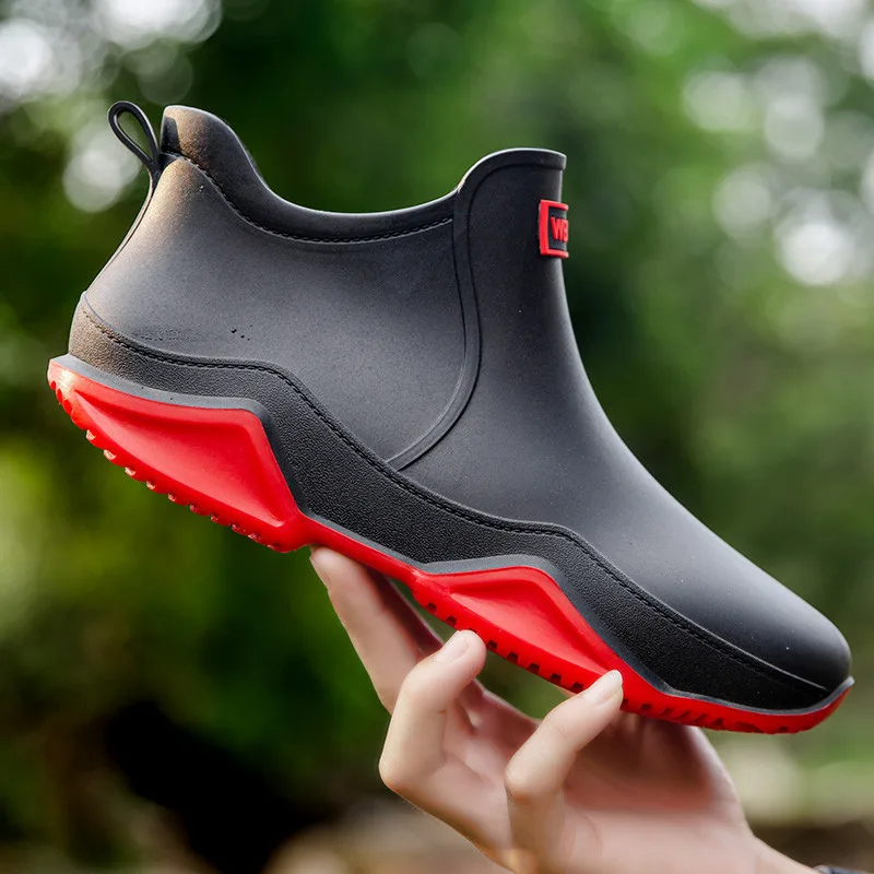 Fishing Boots - รองเท้ากันฝนแฟชั่นกลางแจ้งกันน้ำ รองเท้าบูทกันฝนข้อเท้าผู้ชาย รองเท้ายางกันลื่น รองเท้าผู้ชายสำหรับทำครัว รองเท้ากันน้ำสำหรับตกปลา
