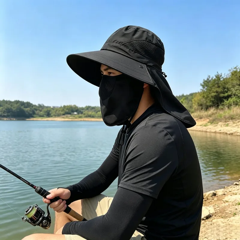 Fishing Hat - หมวกกันแดดแบบคลุมหน้าและคอ พร้อมปลอกแขนแบบเย็น ปีกกว้าง แผ่นปิดหน้าถอดออกได้ ระบายอากาศได้ดี เหมาะสำหรับตกปลา