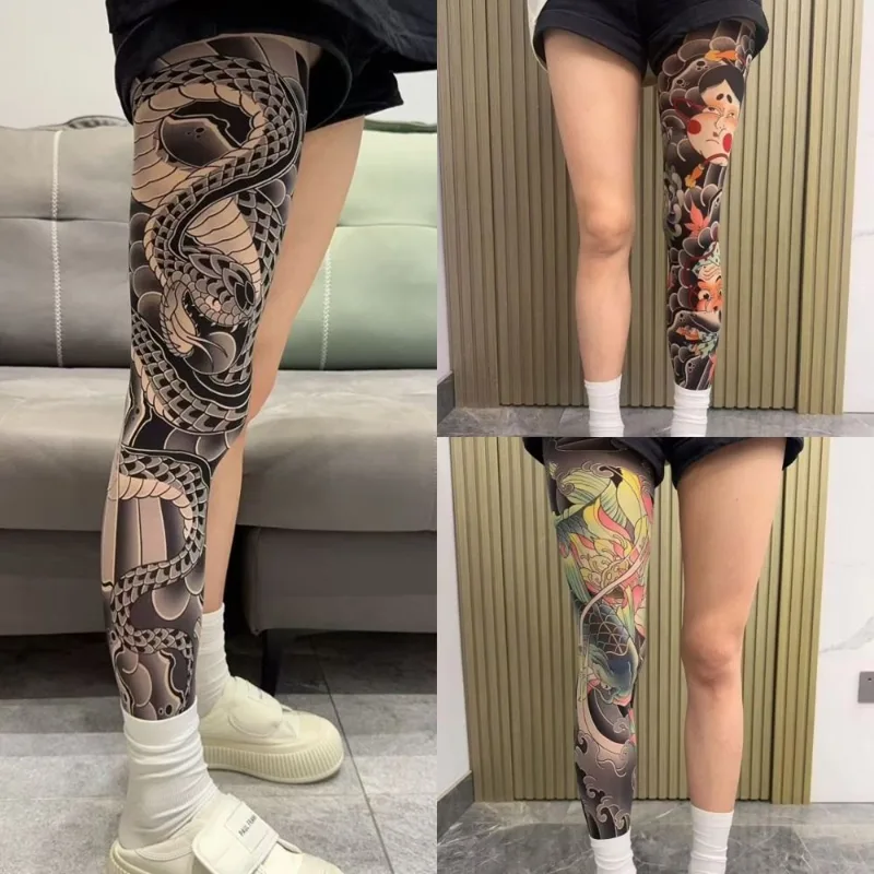 Fishing Socks - ถุงเท้าลายสักเต็มขา ถุงน่องพิมพ์ลาย ป้องกันแสงแดด ถุงเท้ายืดหยุ่นสำหรับตกปลา ถุงเท้าขับรถเท่ๆ สไตล์ญี่ปุ่น