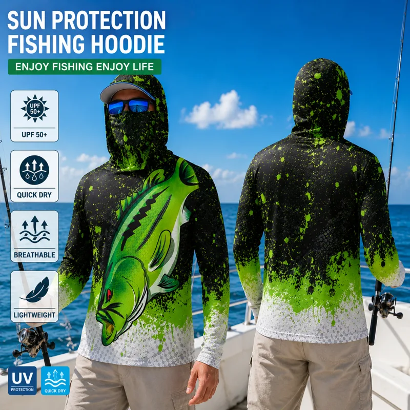 Fishing Hoodie - เสื้อฮู้ดตกปลาสำหรับผู้ชาย ลายปลาไล่เฉดสี ป้องกันแสงแดด UPF50+ แห้งเร็ว ระบายอากาศได้ดี