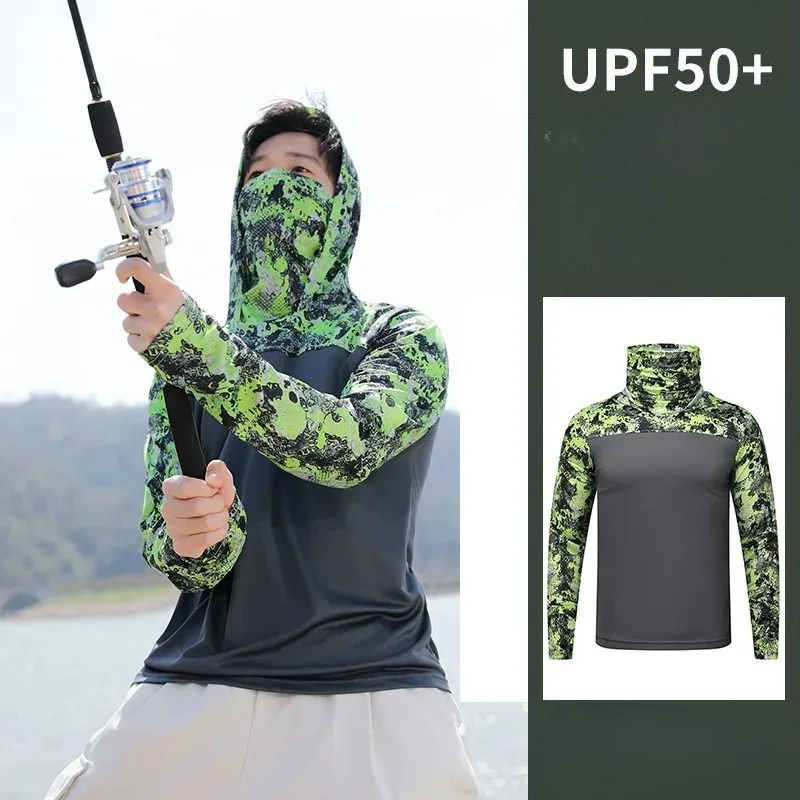 Fishing Mask Sun Protection - เสื้อตกปลาแบบมีฮู้ดสำหรับผู้ชาย เสื้อผ้ากันแดดสำหรับกิจกรรมกลางแจ้งในฤดูร้อน เสื้อฮู้ดปะติดปะต่อพร้อมหน้ากาก ป้องกันแสงแดดและรังสียูวี เสื้อเจอร์ซีย์ประสิทธิภาพสูง ป้องกันผิว