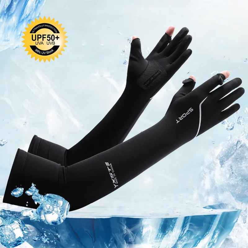 Fishing Gloves - ปลอกแขนกันแดดแบบยาวสำหรับผู้ชาย ถุงมือแบบเปิดนิ้ว ระบายอากาศได้ดี ผ้าไหมน้ำแข็งสำหรับฤดูร้อน เหมาะสำหรับขับรถ ปั่นจักรยาน