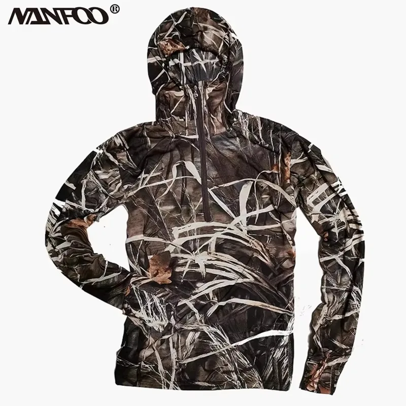 Fishing Hoodie - บางน้ําหนักเบาฤดูร้อนป้องกันแสงแดดตกปลาHoodie Breathable Elastic Quick-Dry Reed Camoการล่าสัตว์ดูนกHoodedเสื้อ