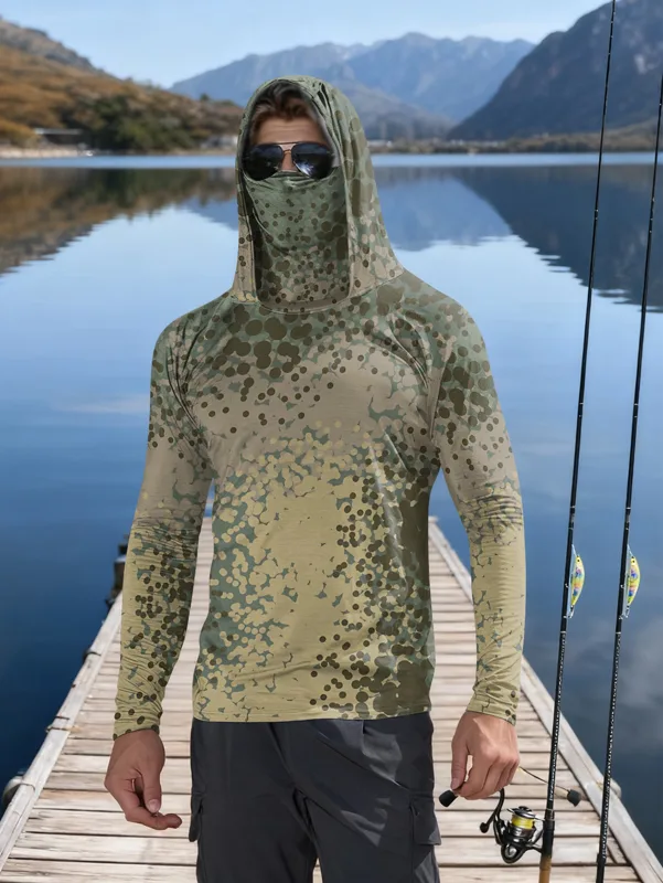 Fishing Shirt Uv Protection - เสื้อตกปลาผู้ชายมีฮู้ดแขนยาวลายพรางกันแดดระบายอากาศป้องกันรังสียูวีน้ำหนักเบาเสื้อตกปลาทนเหงื่อ