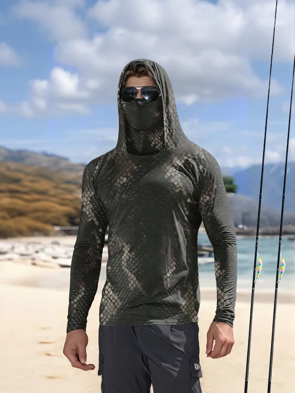 Fishing Shirt Uv Protection - เสื้อตกปลาผู้ชายมีฮู้ดแขนยาวลายพรางกันแดดระบายอากาศป้องกันรังสียูวีน้ำหนักเบาเสื้อตกปลาทนเหงื่อ