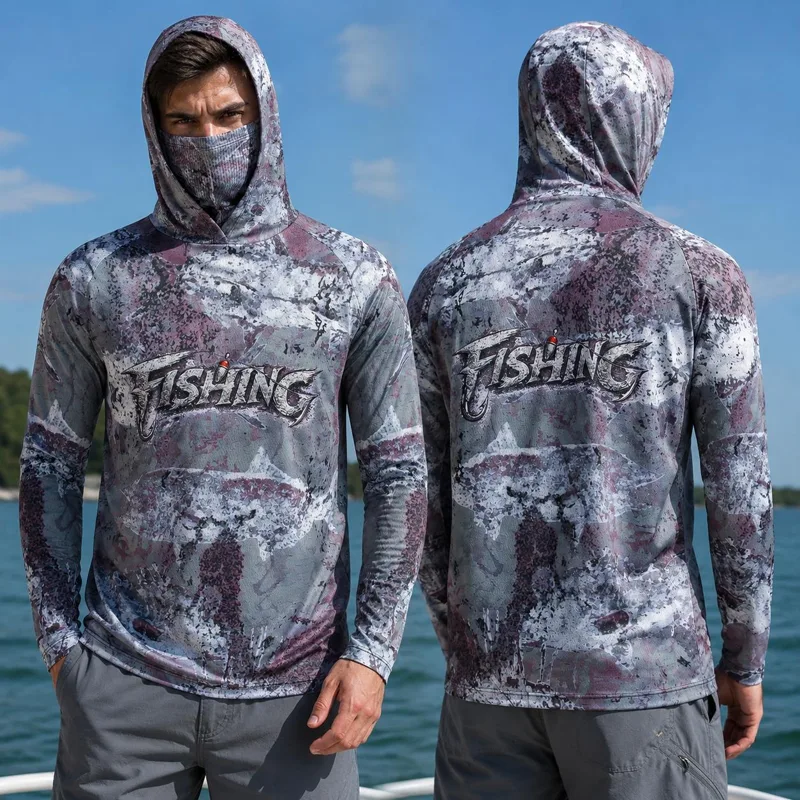 Fishing Mask Sun Protection - เสื้อตกปลาแบบมีฮู้ดสำหรับผู้ชาย เสื้อผ้าตกปลา แขนยาว เสื้อคลุมกันแดดสำหรับฤดูร้อน ป้องกันแสงแดด เสื้อเจอร์ซีย์ประสิทธิภาพสูง