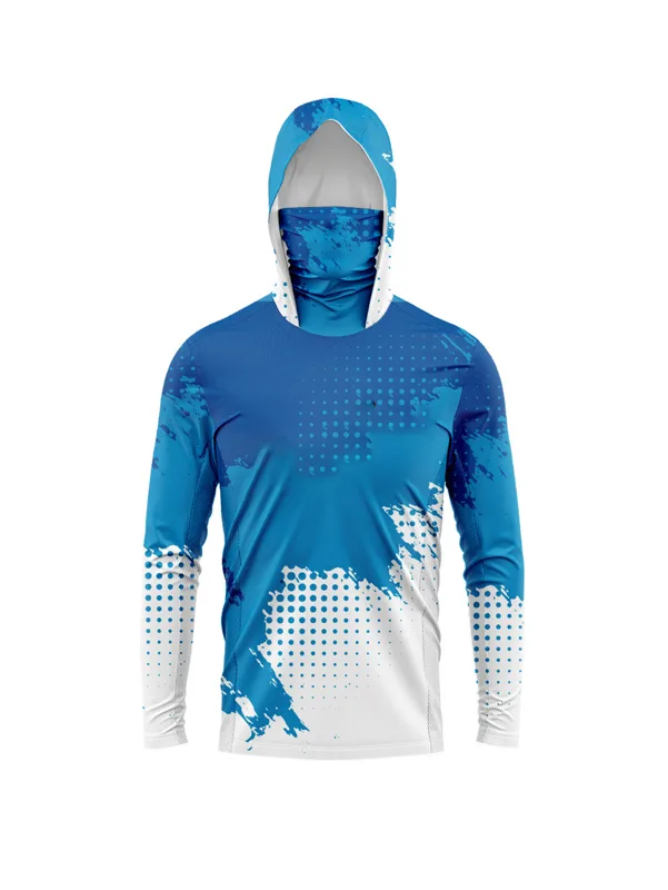 Fishing Shirt Uv Protection - เสื้อตกปลาแขนยาวสำหรับผู้ชาย ป้องกันรังสียูวี พร้อมผ้าคลุมคอ ลายจุดสีน้ำเงินไล่เฉด แห้งเร็ว เหมาะสำหรับกิจกรรมกลางแจ้ง