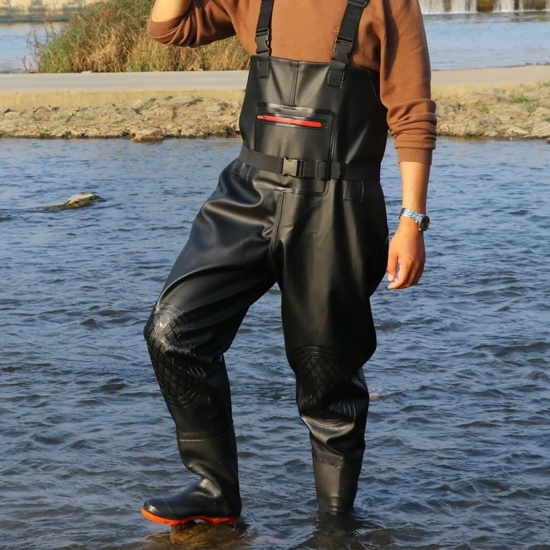 Fishing Pants Waterproof - ชุดตกปลา PVC แบบหนา พร้อมแผ่นรองเข่าสองชั้น ดีไซน์แบบชุดคลุมทั้งตัว พร้อมรองเท้าบูท