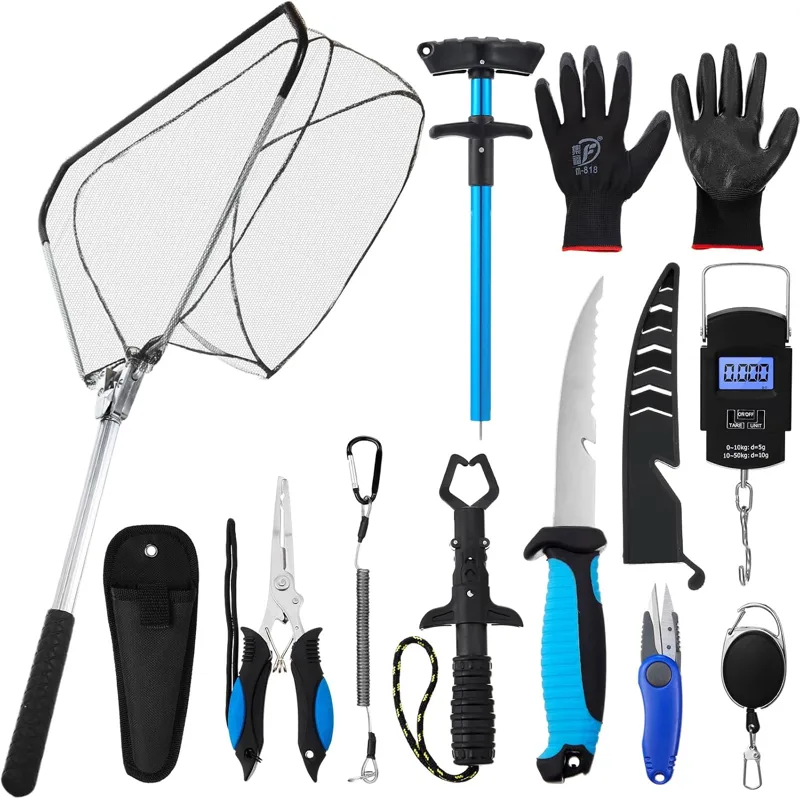 Fishing Gloves - ชุดเครื่องมือตกปลาอเนกประสงค์ 10 ชิ้น ประกอบด้วยคีมตกปลาพร้อมสายคล้องและปลอกป้องกัน ตาข่ายดักปลา มีดแล่ปลา