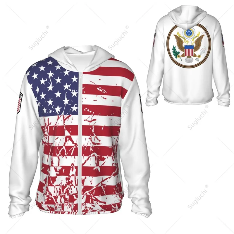 Fishing Hoodie - เสื้อฮู้ดกันแดดลายธงชาติสหรัฐอเมริกา เสื้อผ้ากันแดด สำหรับตกปลา ปั่นจักรยาน วิ่ง แห้งเร็ว