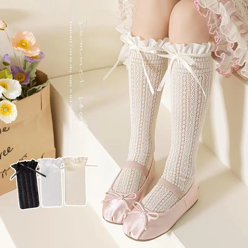 Fishing Socks - สาวยาวถุงน่องลูกไม้หวานโบว์ Jacquard รูปแบบตาข่ายถุงเท้าเด็กสาวบัลเล่ต์ตกปลาสุทธิ Frilly ถุงเท้า Lolita
