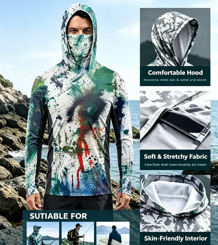 Fishing Shirt Uv Protection - เสื้อผ้าตกปลา เสื้อตกปลาแขนยาวมีฮู้ดสำหรับผู้ชาย ป้องกันรังสียูวี UPF 50+ ชุดตกปลาประสิทธิภาพสูง