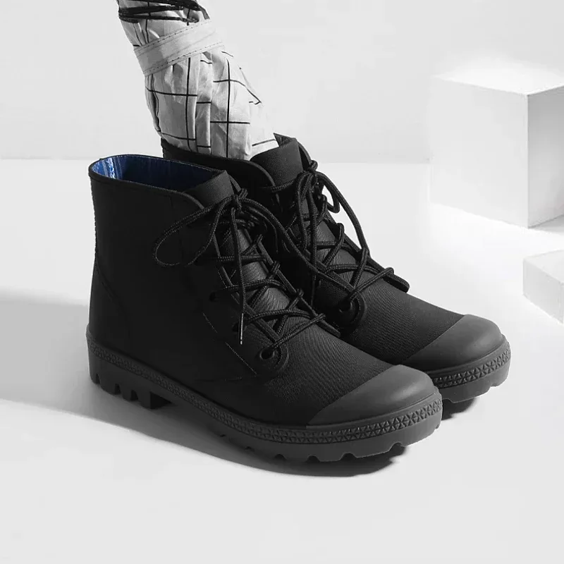 Fishing Boots - รองเท้าบูทหน้าฝนคอตตอนหุ้มข้อผูกเชือกรองเท้าบูทหน้าฝนสำหรับผู้ชายฤดูหนาวกันน้ำกันลื่นสำหรับใส่ทำงานกันน้ำได้รองเท้าบูทรองเท้าบูทหน้าฝนแคมป์ตกปลา