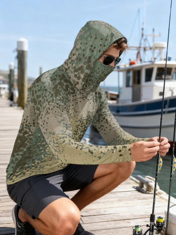 เสื้อตกปลาผู้ชายมีฮู้ดแขนยาวลา - Fishing Shirt Uv Protection บทวิจารณ์และราคา